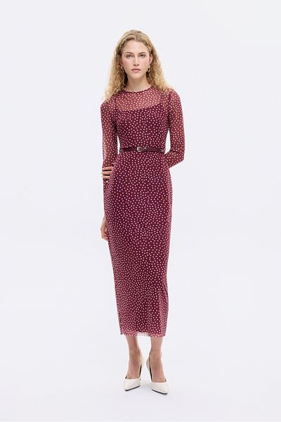 Quzu Polka Dot Transparent Midi Dress Plum with Belt Accessories