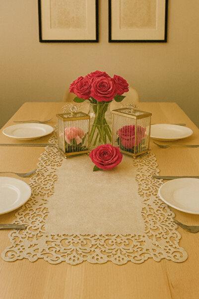 Ergüven Home Bej (KOYU KREM) Süet Kumaş Runner 40x140 Cm Masa Boyu - Dikdörtgen Model