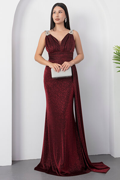 PULLIMM Glitter Detailed Shoulder Stone Evening Dress - 39844