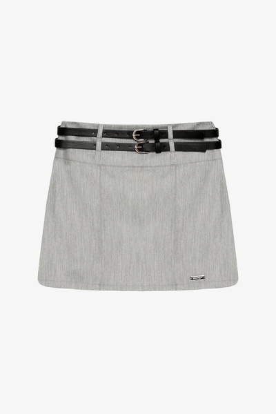 Quzu Double Belted Metal Label Detailed Mini Skirt Gray