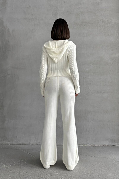 Lusin Női kapucnis, cipzáras Crop kardigán nadrág alsó felső kötöttáru szett - Ecru S/m