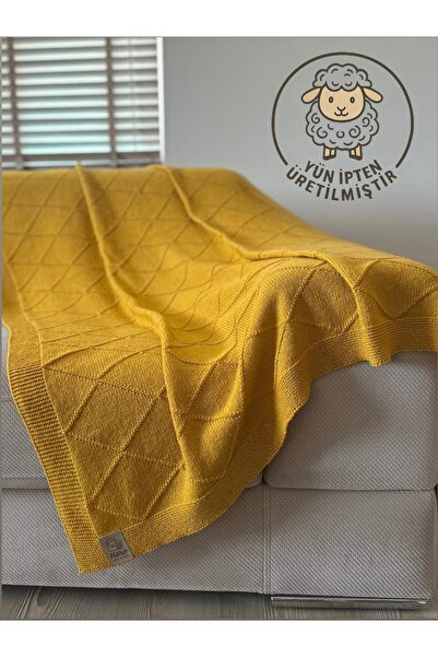 HERO CASA Yün Triko Tv Battaniyesi Baklava Desen-sarı