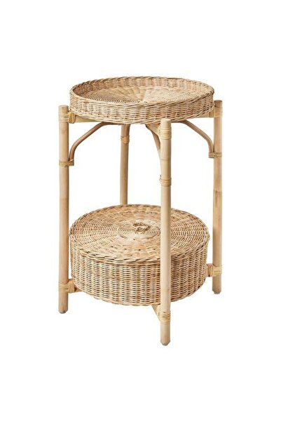 IKEA 2 Katlı Rattan Komodin-Sehpa 52 cm Doğal El Örmesi Çıkarılabilir Tepsi