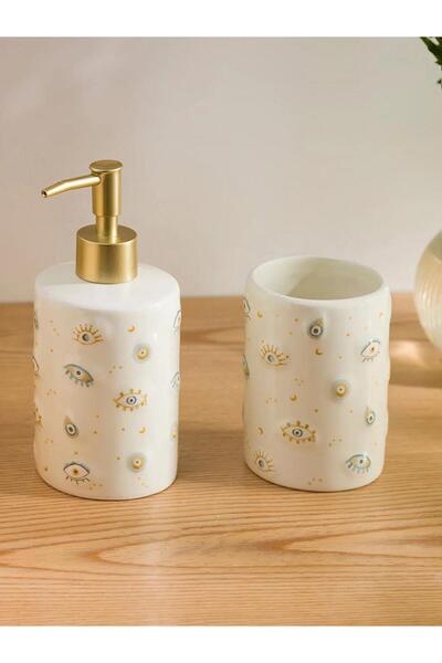 LC Waikiki LCW HOME Set de baie din ceramică Set de baie cu tematică pentru ochi, 2 piese, culoare cremă