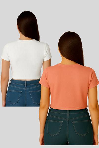 Seamoda Double Pack Crew Neck Short Sleeve Crop Rib Tshirt Salmon-Broken White