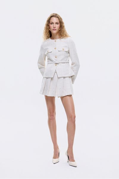 Quzu Belt Detailed Pleated Tweed Mini Shorts Skirt Beige