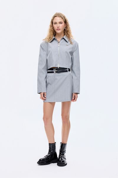 Quzu Double Belted Metal Label Detailed Mini Skirt Gray