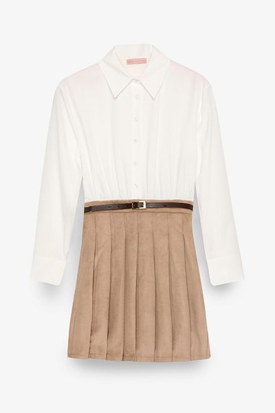 Quzu Suede Skirt Garnished Belt Accessory Mini Dress Beige
