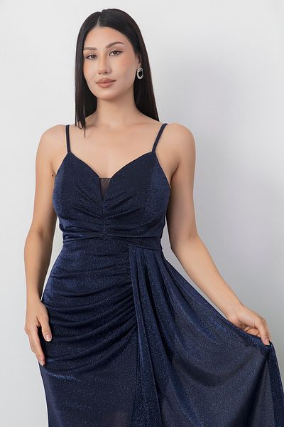 PULLIMM Strappy Pleated Slit Glittery Tulle Long Evening Dress 39711