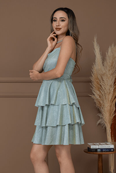 BEYBOS Simli Kumaş Sırtı İpli Mini Elbise - MİNT YEŞİLİ