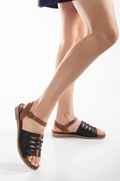 MaskButik Mıcra Genuine Leather Sandals Tan-Black