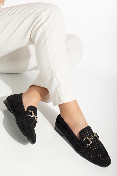 MaskButik حذاء باليرينا أسود من جلد الغزال ميكرا بكعب منخفض