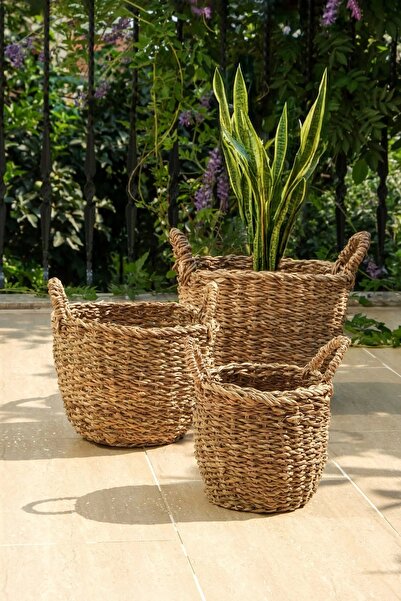 AVANTAGE HOME Marlen - 3 lü Dekoratif Doğal El Örmesi Kulplu Hasır Saksı Sepet Seti