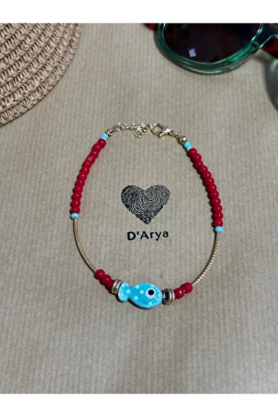 Darya Dd326 Red Beaded Gold Anklet with Blue Fish Figure Handmade