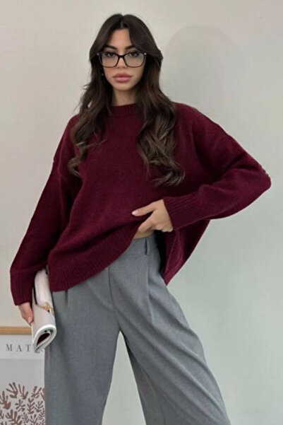 oshebu Roșu Claret – guler rotund supradimensionat Pulover de tricotat