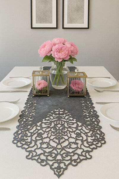 Ergüven Home Koyu Gri Süet Kumaş Ince Kesim Runner Masa Boyu 40x140cm