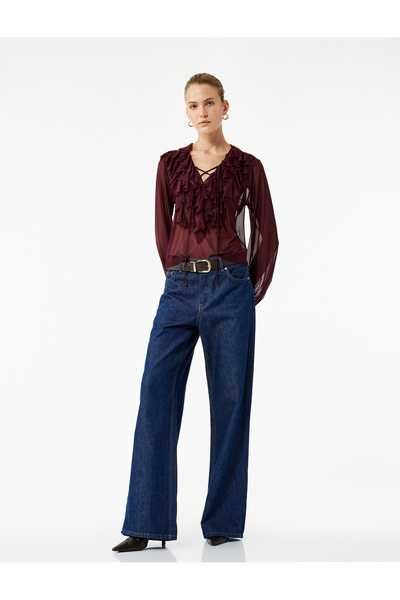 Koton Transparent Long Sleeve Tie-Up Detail V Neck Ruffle Blouse