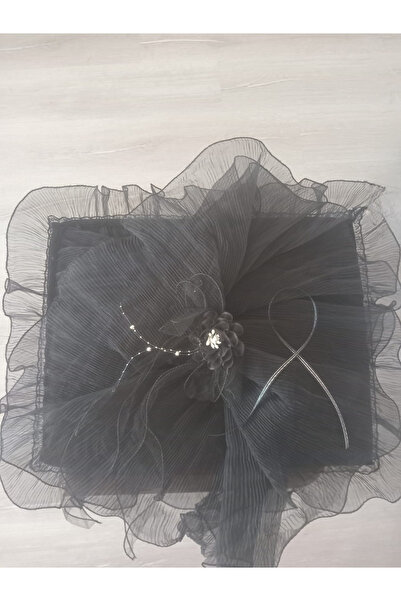 Butik Siyah Renk Piliseli Tül Gül Gümüş Boncuklu Söz Nişan Süs Bohça 40x50