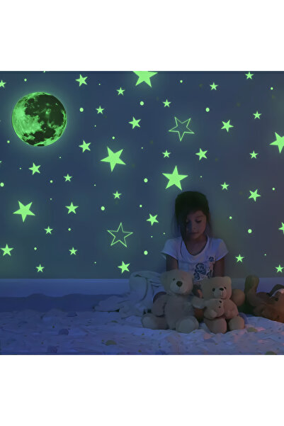allmar Çocuk Odası Fosforlu Sticker Seti 22cm Ay 200 Ad. Fosforlu Yıldız Ve Büyük Figür Duvar Süsü