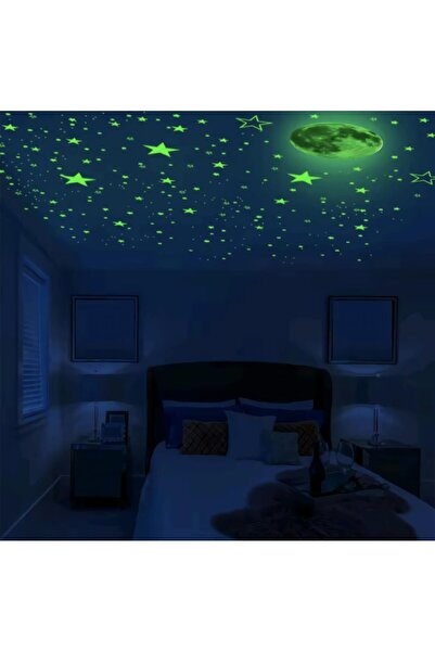 mertyavm Fosforlu 22cm Güneş Ay Dünya ve 200 Adet Yıldız Çocuk Odası Duvar Tavan Süsü