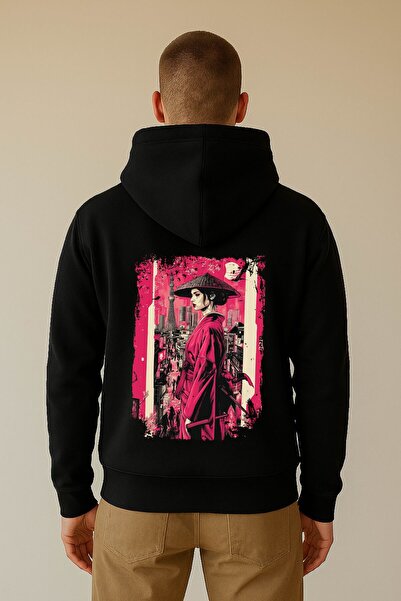 By Caspita Fashion Hanorac negru oversize unisex cu imprimeu Lenithra Geisha