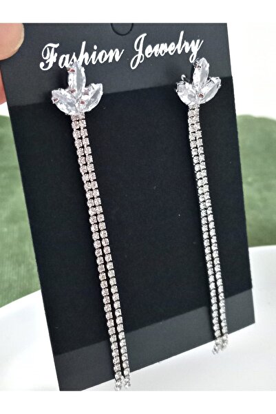 mos&more Gümüş İnce Taşlı Yaprak Uzun Abiye Kadın Küpe