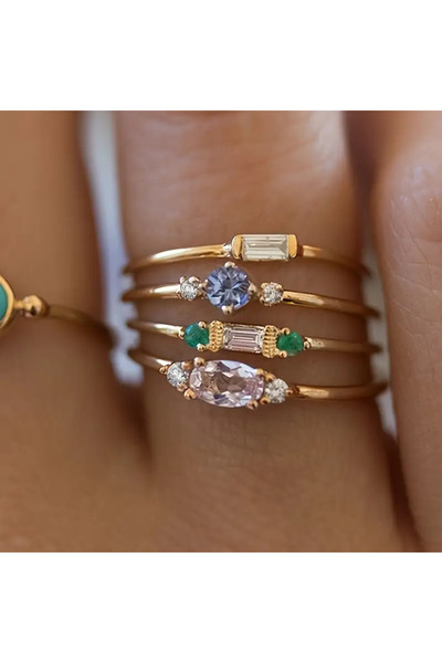 Takıtolia Azela Gold 4 Adet Kristal Yeşil Taşlı Tasarım Vintage Çoklu Altın Y...