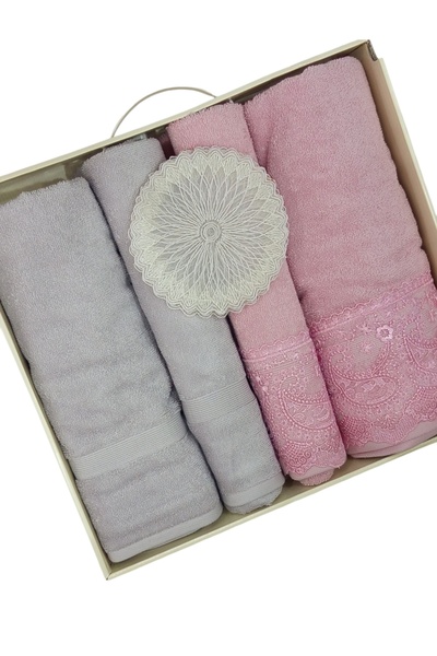 Özdilek 4 Piece Turkish Bath Set Best Set Gray - Pink (6-Piece Presentation Napkin Gift)