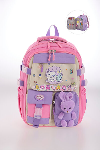Roxbros Kore Tarzı Kedi Desenli Çok Bölmeli Ilkokul Sırt Çantası, Kız Çocuk Okul Çantası
