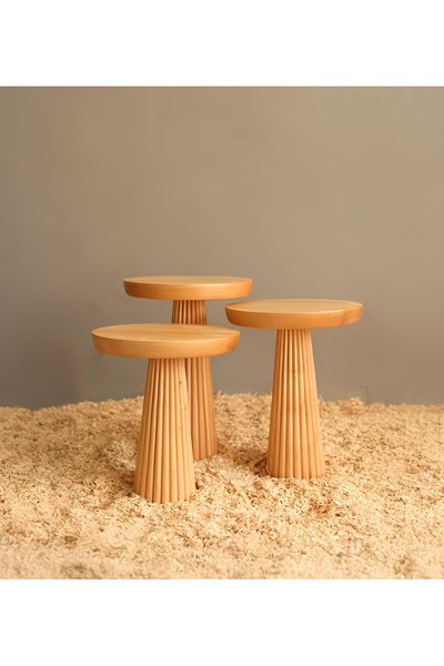 Royal Wood Store Yeni Ahşap Üst Kalite Vernikli 3’lü Fitilli Mantar Mushroom Yan Zigon Sehpa