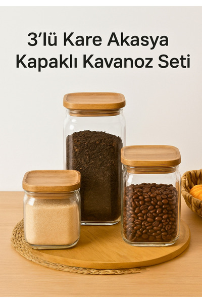 BRE HOME 3-Piece Square Acacia Vacuum Lid Food Pulses Jar - Tea, Sugar and Coffee Jar Counter Top