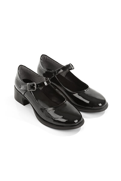 Hanımsoller Short Heeled Ballerina Oxford Ballet Shoes Black Patent Leather 3.5 cm Heel