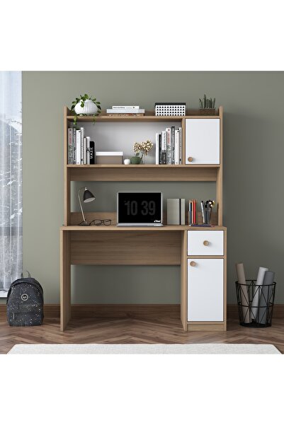 Rani Mobilya Rani HA127 Kitaplıklı Raflı 2 Kapaklı 1 Çekmeceli Çalışma Ofis Bilgisayar Masası Sepet Ceviz - Beyaz