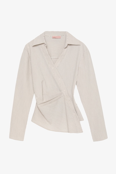 Quzu Asymmetric Buttoned Draped Shirt Collar Blouse Ecru