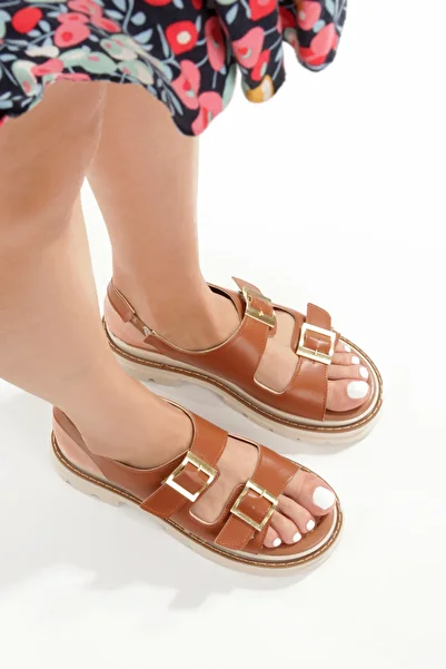 EYLÜLDEN MODA SHOES Women's Merlin Tan Skin Double Strap Vardola Detailed Sandals