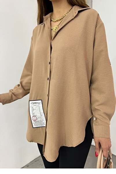 lovebox Women's Cotton Fabric Oversize Beige Shirt with Emblem Design 12200