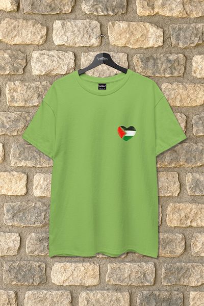 BESSA تي شيرت قطن أبيض مطبوع عليه علم فلسطين على شكل قلب برقبة دائرية للنساء والرجال