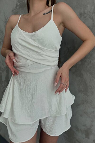 vuvutasarım White Aerobin Fabric Degaje Collar Skirt Flounces Design Strappy Jumpsuit 7034