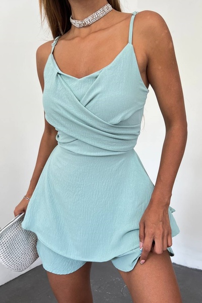 vuvutasarım Mint Aerobin Fabric Degaje Collar Skirt Flounced Design Strap Jumpsuit 7034