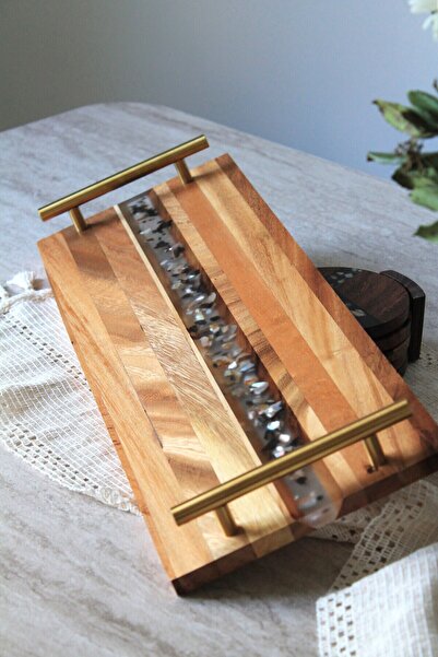 Moon Dizayn Akasya Dikdörtgen Servis Sunum Tepsi Gold Kulplu bardak altlığı s...