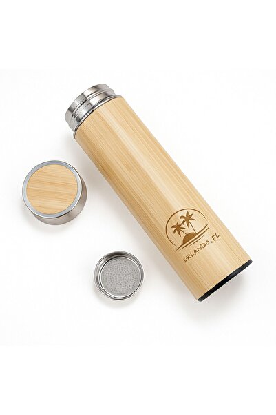 Generic Thermal mug with wooden lid and elegant bamboo design - steel interior - keeps hot for 8 hours and cold for 24 hours