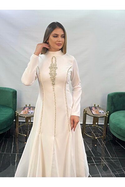 White Corner 2897 DÜZ KESİM KRİSTAL TAŞ İŞLEMELİ ELBİSE