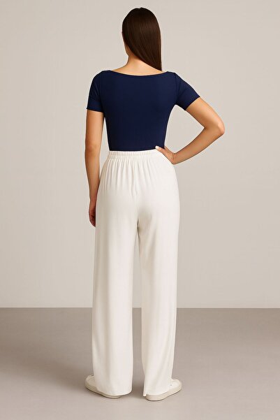 Elbikom BeyazViskon Dokuma Bol Paça Pantolon