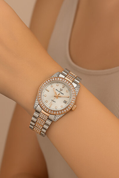 Goldpower ساعة يد نسائية بسلك معدني وتفاصيل حجرية