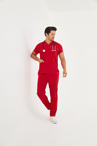 TIPMOD Unisex Yarasa Kol Likralı Kırmız Doktor / Hemşire Forması