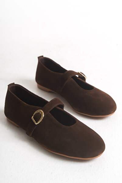 ERNİLA Casy Genuine Leather Brown Suede Women's Buckle Ballerinas