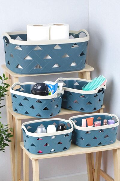 İronika 5-Piece Decorative Leather Look Closet Organizer Storage Box Kitchen Bathroom Organizer Basket Blue