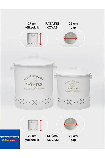 metalshop Lüx Metal Patates Soğanlık Kovası Sebze Saklama Kabı Beyaz