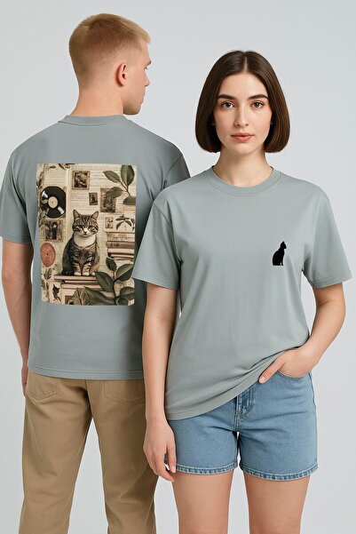 By Caspita Fashion Lenithra mačka nazad Štampano unisex Oversize kroj siva T-...