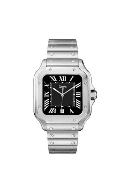 catera Men's square watch with a silver-colored steel strap and a black dial